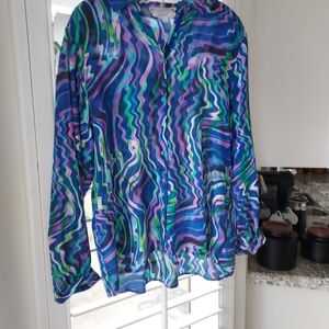 Johnny Was Silk Vibrant Blue and Green Women's Top